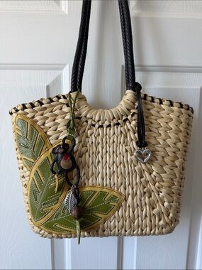 Brighton Woven Straw Tote with Green Leaf Applique and Black Handles